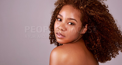 Buy stock photo Portrait, hair care and black woman with beauty, aesthetic and luxury treatment on pink studio background. Face, person and model with healthy, shine and shampoo with wellness, growth and keratin
