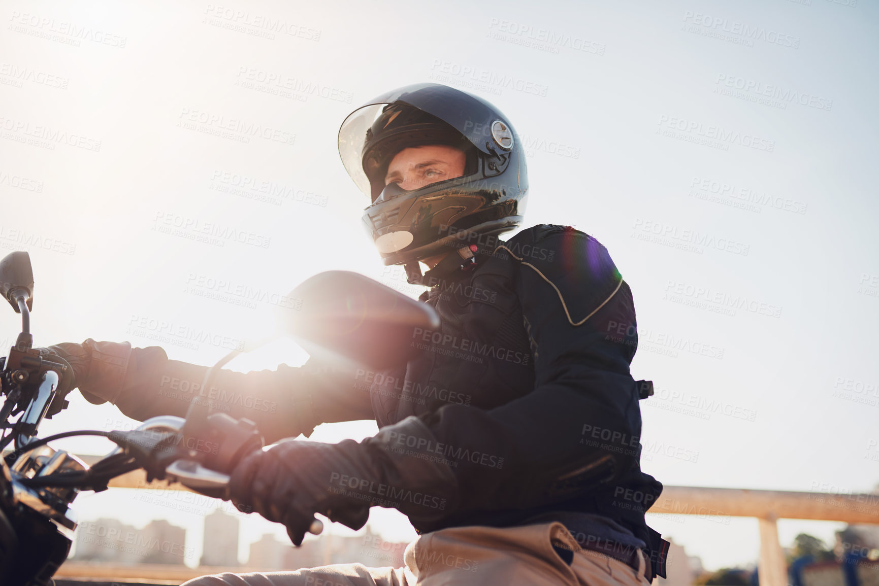 Buy stock photo Motorcycle, travel and journey with man in city for freedom, driving and vintage. Relax, driver and leather with male biker on motorbike in outdoors for transportation, vintage and biking trip