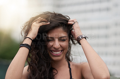 Buy stock photo Happy, woman and laugh with wild hair, freedom and urban park with smile outdoor with travel and vacation. Town, holiday and weekend break with confidence and city with joke and trip to New York