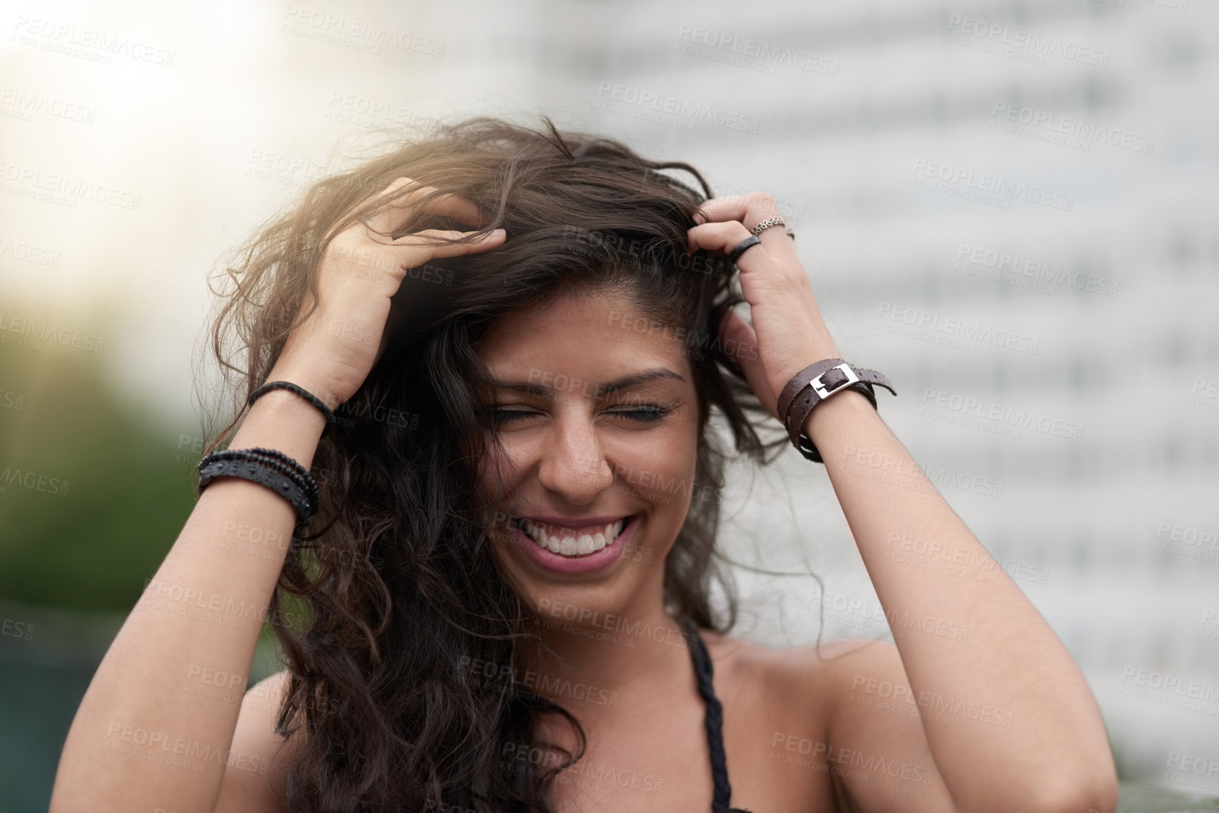 Buy stock photo Happy, woman and laugh with wild hair, freedom and urban park with smile outdoor with travel and vacation. Town, holiday and weekend break with confidence and city with joke and trip to New York