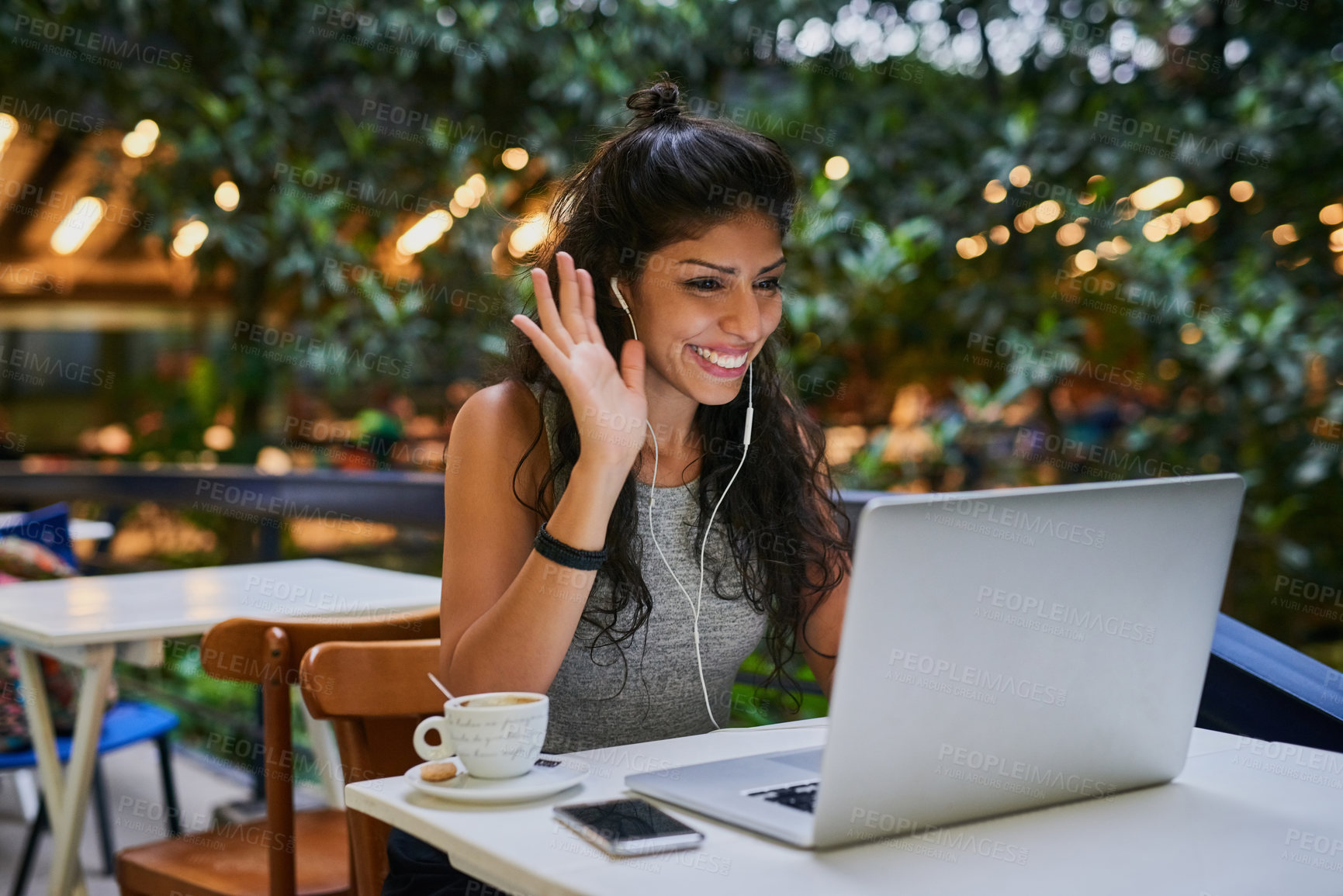 Buy stock photo Woman, laptop and on a video call at a cafe or freelance tutor or lecturer on online conference and meeting. Communication, female teacher and working remotely or learning or web and at coffee shop. 