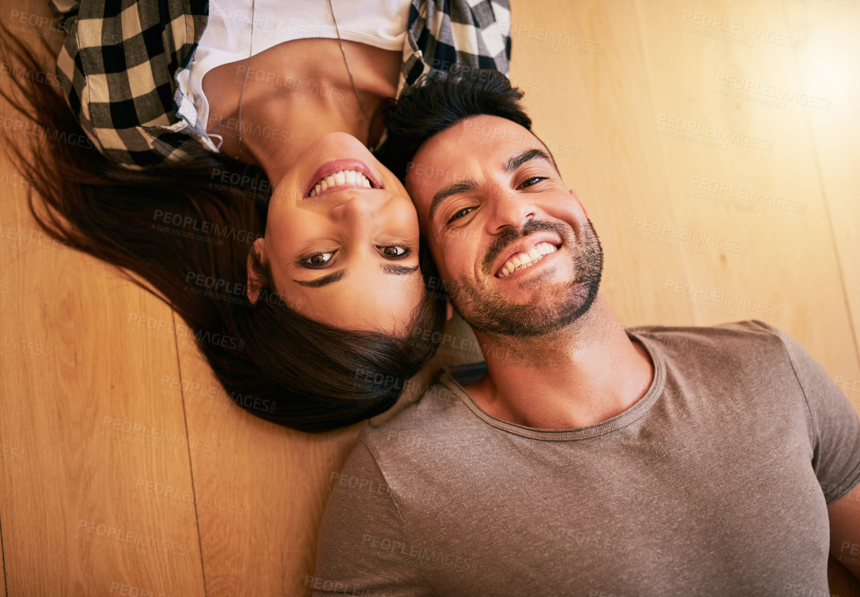 Buy stock photo Couple, floor and portrait for relax in home, living room and ground of new house. Property investment, purchase and top view of excited man and female person, married and mortgage or real estate