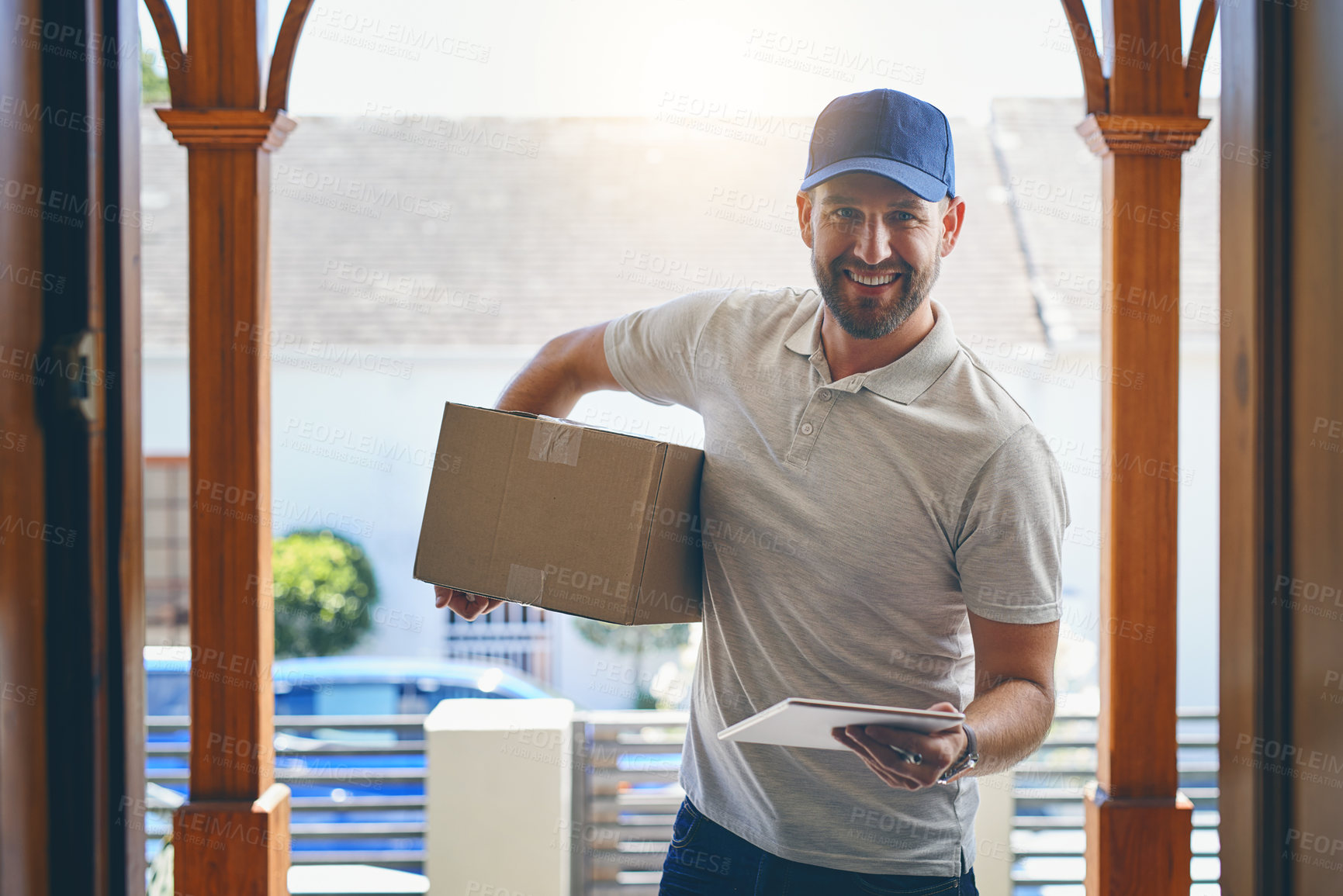 Buy stock photo Happy delivery man, box and portrait in logistics, parcel or courier service with tablet at front door. Male person smiling with package, carrier or cargo for online purchase, transport or ecommerce