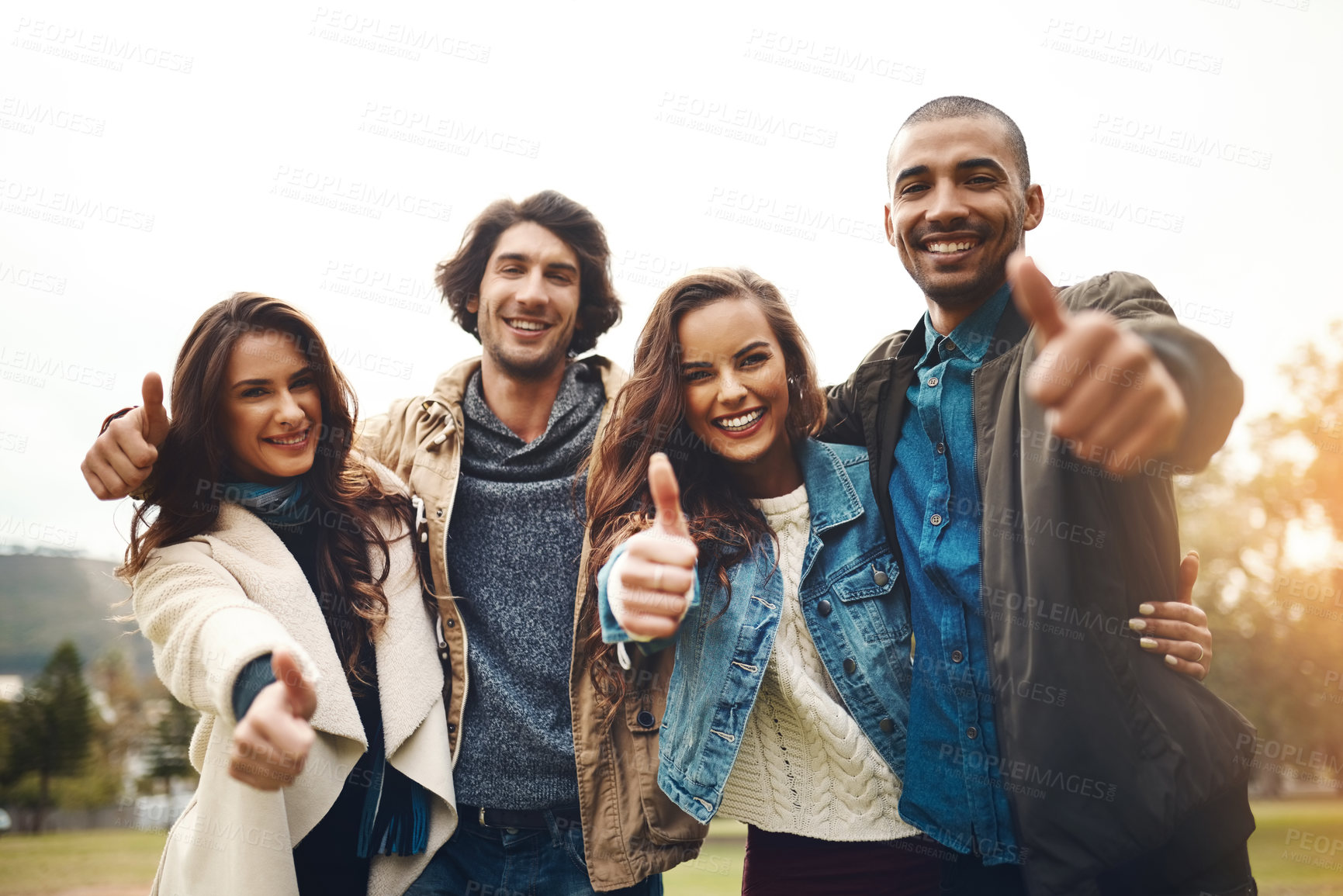 Buy stock photo Smile, thumbs up and portrait of couple of friends in nature for bonding, social gathering and event. Hand gesture, happy and men and women with yes, like and emoji on vacation, weekend and holiday