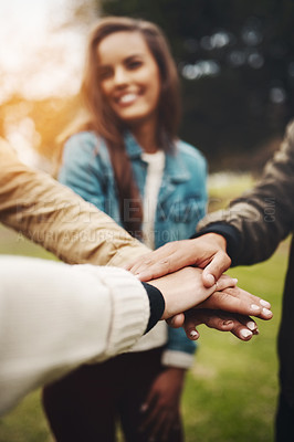 Buy stock photo Nature, hands and friends with stack for support, connection and bonding together on vacation holiday. Diversity, trust and woman with huddle for solidarity, celebration and group of people outdoor