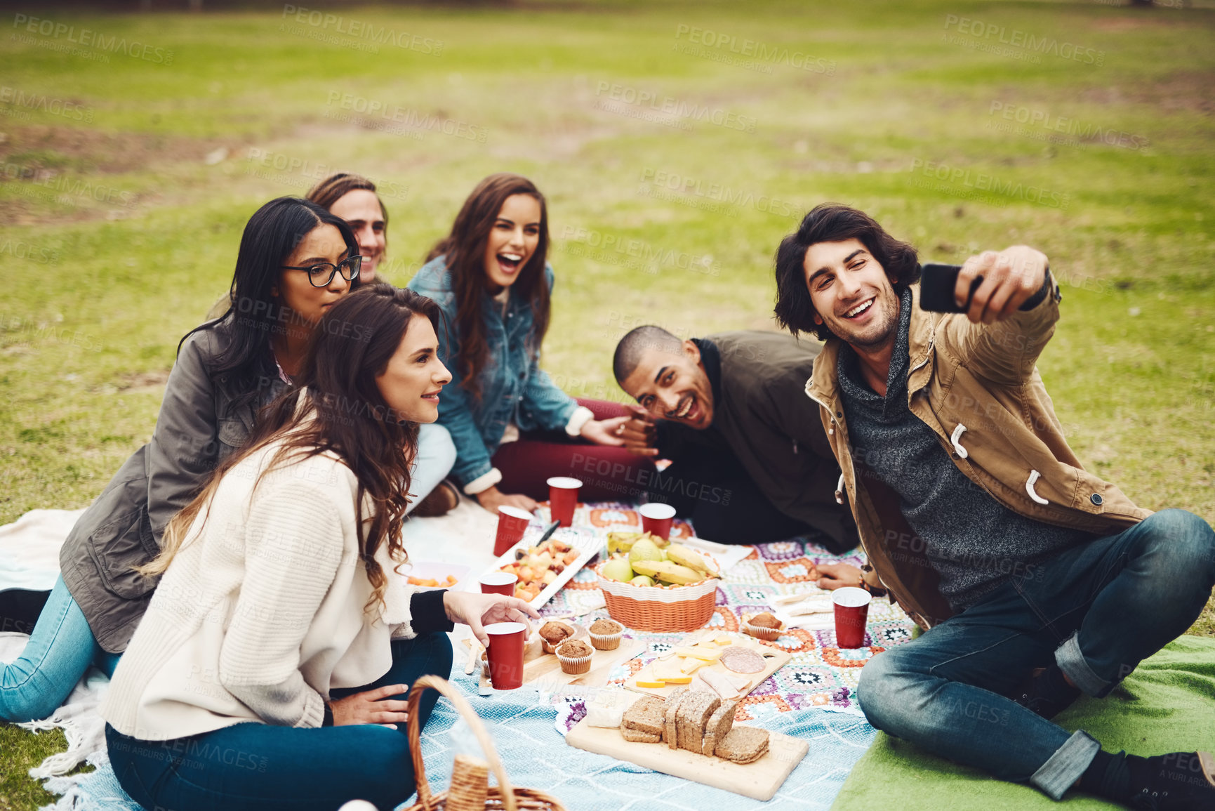 Buy stock photo Shot of a group of young friends taking a self portrait together while having a picnic outside during the day