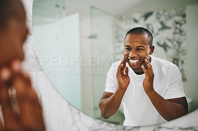 Buy stock photo Happy, morning and mirror with black man in bathroom for beauty, skincare and grooming. Cleaning, hygiene and self care with reflection of male person at home for facial, natural and wellness