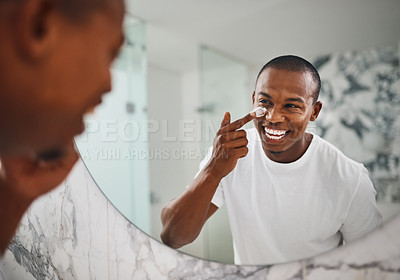 Buy stock photo Happy, skincare and mirror with black man in bathroom for beauty, morning and grooming. Cleaning, hygiene and self care with reflection of person and cream at home for facial, natural and wellness