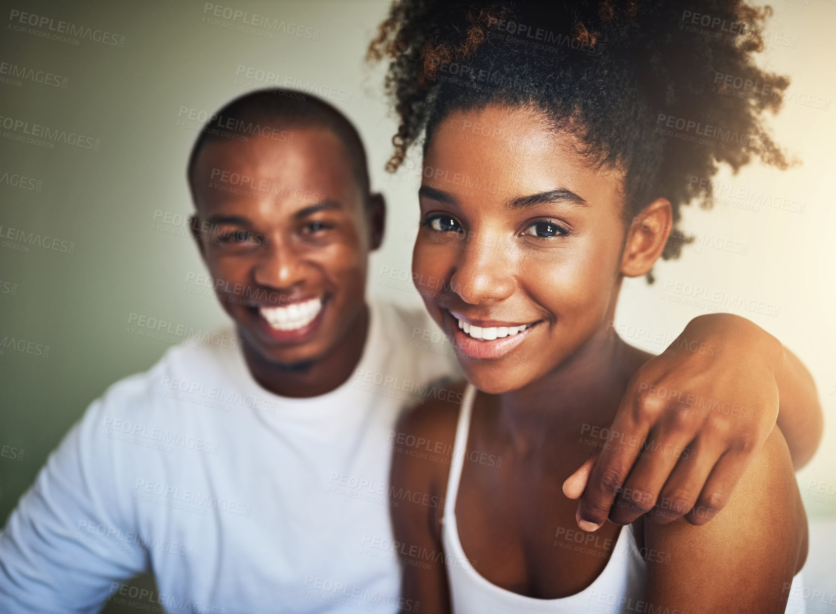 Buy stock photo Happy couple, portrait and support with smile in morning routine, wake up and embrace for bonding in bedroom. African people, excited and home on weekend for peace, relax and together with happiness