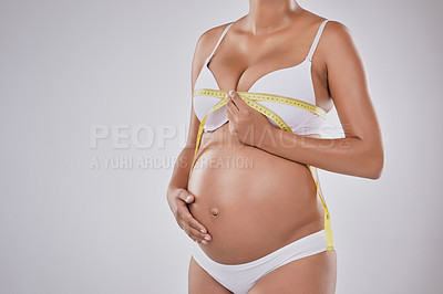 Buy stock photo Cropped studio shot of a pregnant woman measuring herself against a gray background