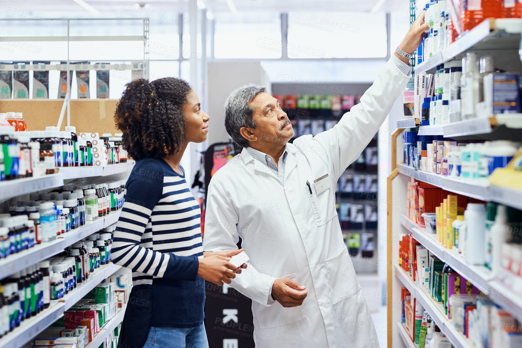 Buy stock photo People, pharmacist and customer in medication shelf at shop for prescription. Medical, healthcare and treatment or pills in drug store with medicine in pharmaceutical retail with help and support