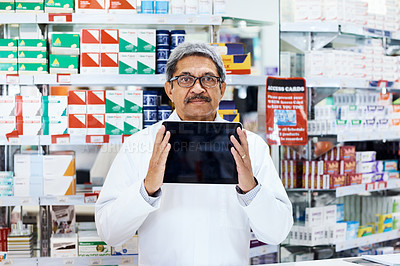 Buy stock photo Pharmacy, tablet screen and portrait with mature man in store for medicine, mockup and healthcare. Medical, insurance and online prescription with pharmacist in clinic for drugstore and dispensary