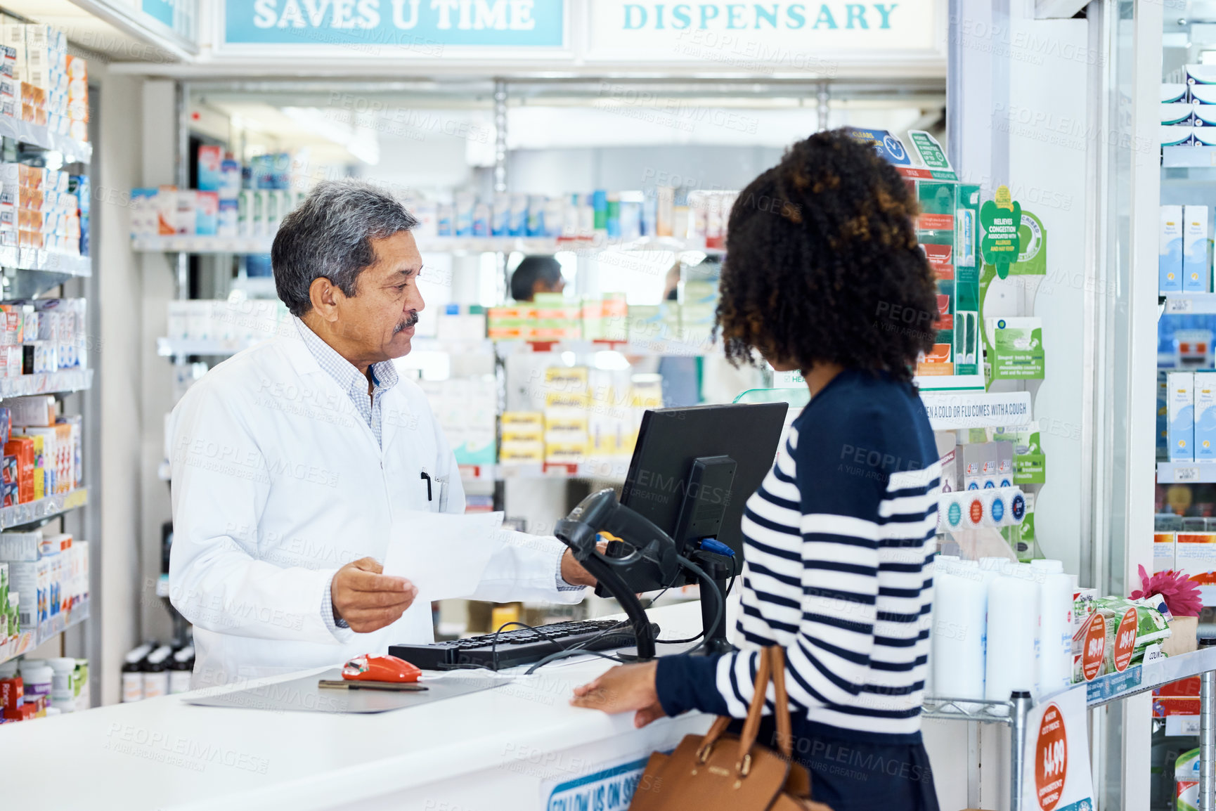 Buy stock photo Mature, man and woman with letter for consulting for prescription, medication review and refill request for illness. Female customer, pharmacist and certificate for dosage instructions and healthcare