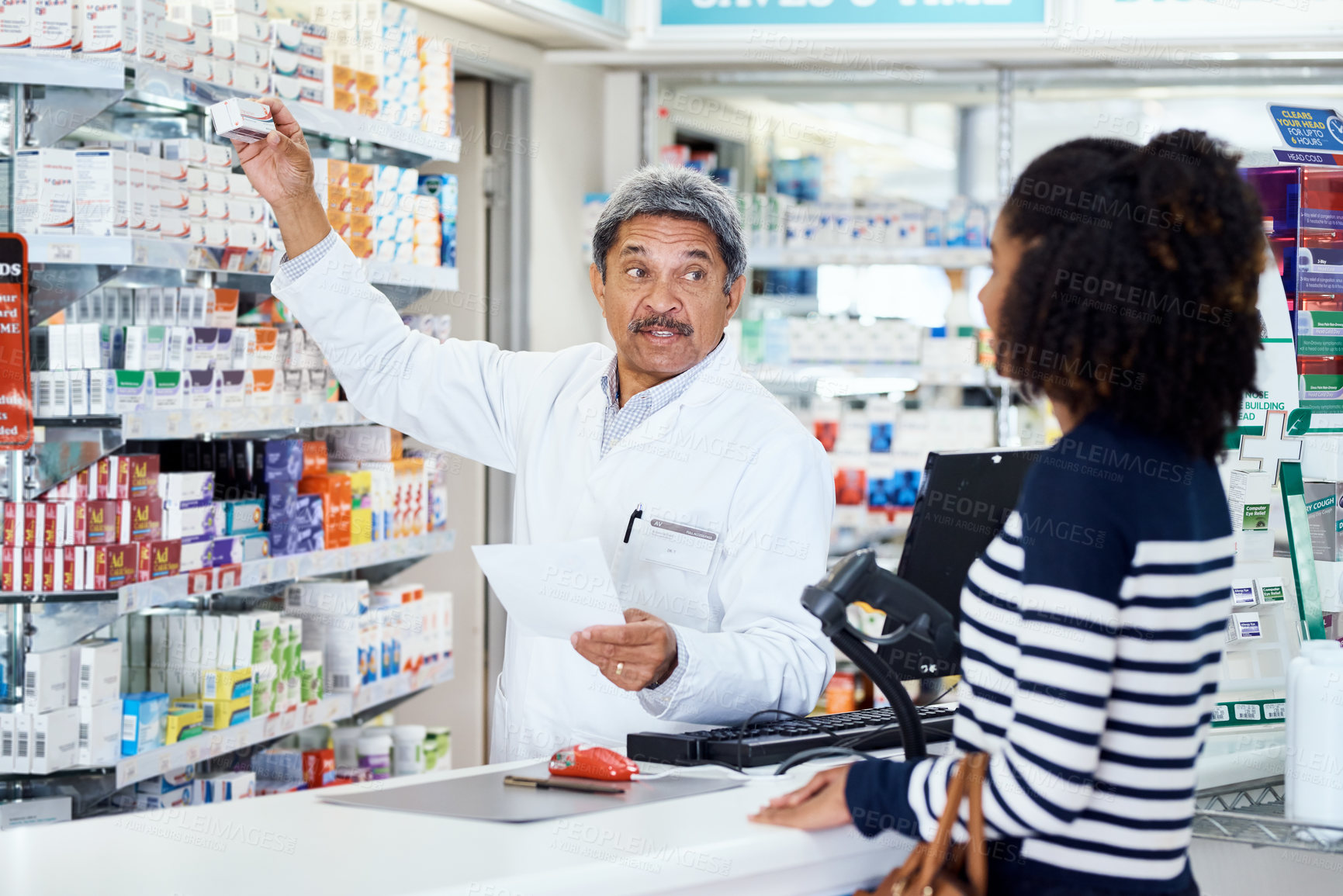 Buy stock photo Help, pharmacist and woman with prescription for consulting for certificate, medication review and refill request for illness. Female customer, man and letter for dosage instructions and healthcare