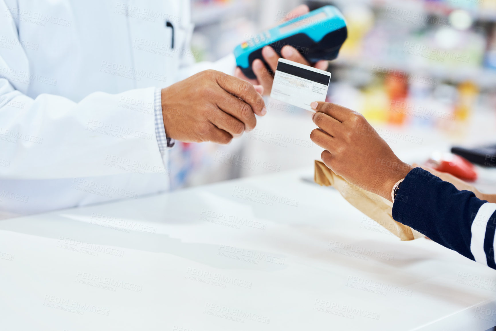 Buy stock photo Hands, pharmacist and customer with machine or credit card for payment and purchase. People, client and drug store with buying medication or medicine as prescription for healthcare in retail shop