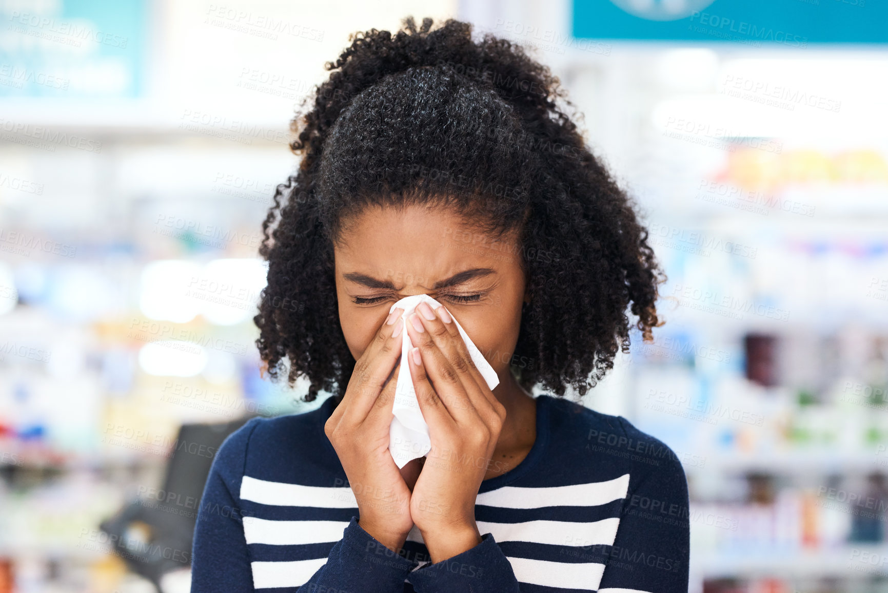 Buy stock photo Sick, woman and blowing nose with tissue at pharmacy for medical virus, infection and bacteria. Healthcare, medicine and customer with toilet paper at drugstore for illness, flu or prescription pills