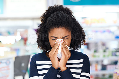 Buy stock photo Woman, bacteria and blowing nose with tissue at drugstore for medical virus, illness and infection. Healthcare, sick and customer with toilet paper at pharmacy for flu, medicine or prescription pills