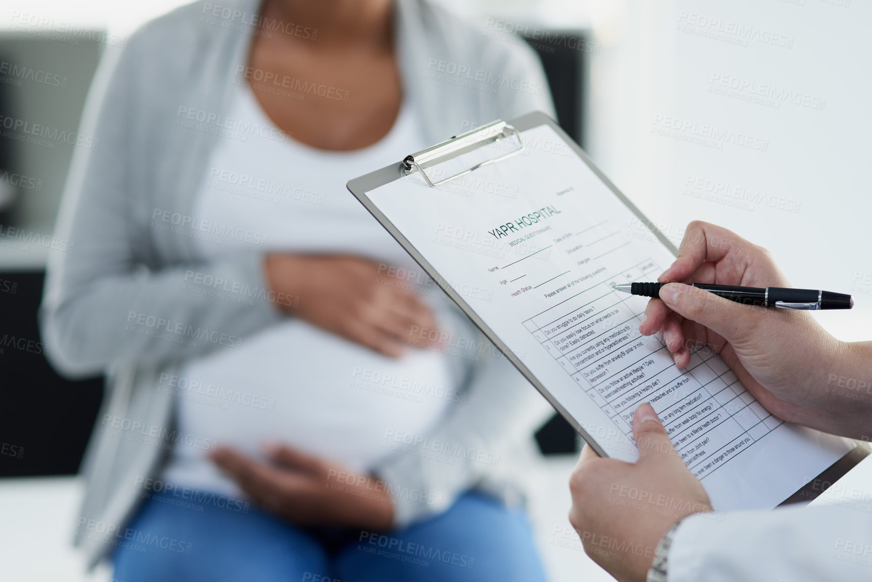 Buy stock photo Hands, pregnant woman and doctor with clipboard, documents and appointment for healthcare. Closeup, pregnancy and patient with tummy, medical and professional with paperwork for insurance and review