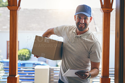 Buy stock photo Portrait of a courier making a home delivery