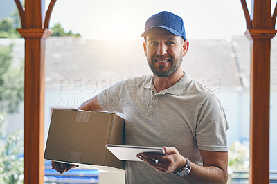 Buy stock photo Happy delivery man, box and tablet in logistics, ecommerce or courier service at front door. Portrait of male person smiling with package, carrier or cargo for online purchase, order or transport