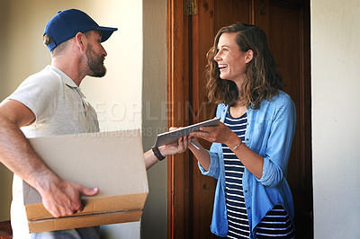 Buy stock photo Happy woman, delivery man and box with tablet at door for order, parcel or cargo in transport service. Female person receiving shipment from male courier, supply chain or ecommerce purchase at home
