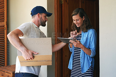 Buy stock photo Woman, delivery man and box with tablet for ecommerce order, parcel or cargo in transport service. Female person receiving shipment from male courier, supply chain or online purchase at front door
