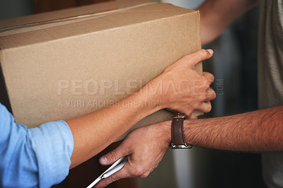 Buy stock photo Hands, package and person for delivery at house with ecommerce, dropshipping and exchange service. People, giving and box with logistics product of distribution courier, freight safety and front door