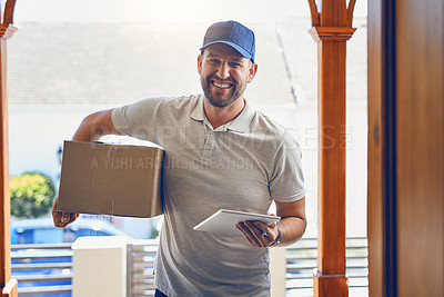 Buy stock photo Happy delivery man, box and portrait with tablet for order, parcel or courier service at front door. Male person smiling with package, carrier or cargo for online purchase, transport and supply chain