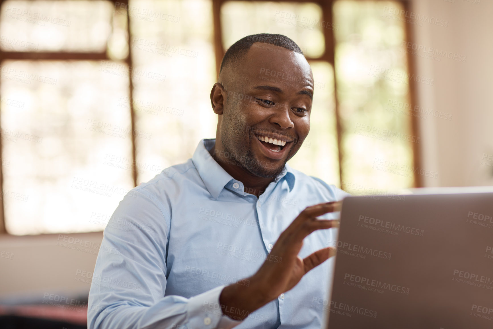 Buy stock photo House, business and black man with laptop, video call and audio with connection. African person, freelancer or entrepreneur with pc, internet or online seminar with communication or virtual meeting