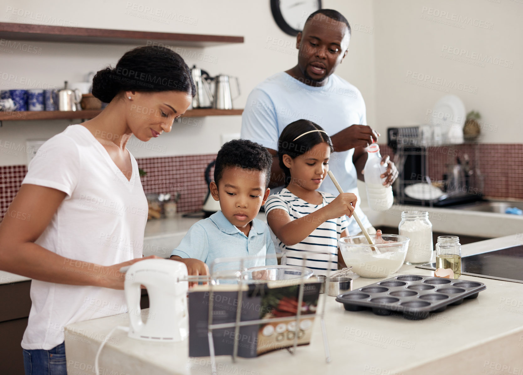 Buy stock photo Family, kids and baking in kitchen for learning, growth and making cupcakes for mothers day. Mom, father and children at home for recipe, support and siblings for teamwork and skill development