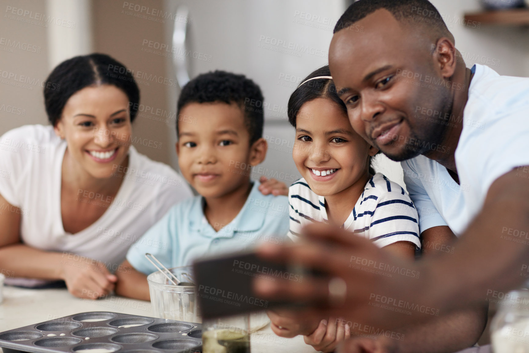 Buy stock photo Happy family, baking and selfie with ingredients in kitchen for morning, bonding or love together at home. Mother, father and young children with smile for picture, photography or memory for cooking