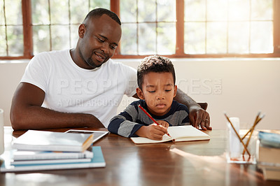 Buy stock photo Cropped shot of a handsome young father helping his son with some homework