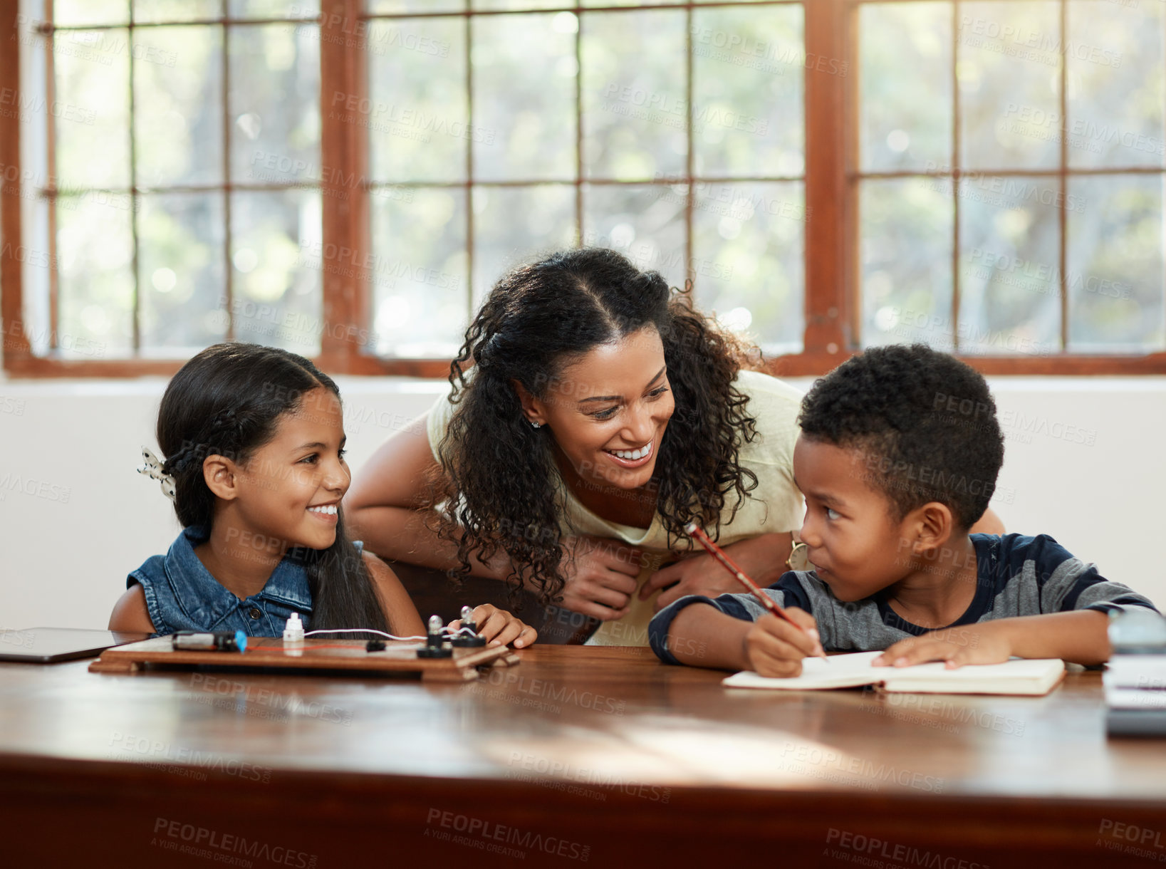 Buy stock photo Cropped shot of an attractive young mother helping her children with their homework
