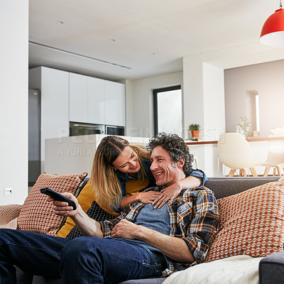 Buy stock photo Happy couple, tv and hug to watch movies, news and cable show for media entertainment on lounge sofa. Mature man, woman and relax with television remote, subscription and smile for streaming service