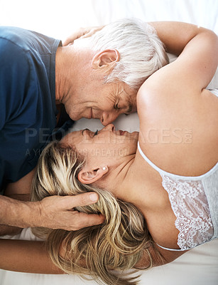 Buy stock photo Above, mature or couple sleeping in bed in home for marriage, commitment and loyalty to partner. Man, woman and senior people resting for support with romance, care and trust for bonding together