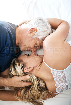 Buy stock photo Above, mature or couple resting in bed in home for marriage, commitment and loyalty to partner. Man, woman and senior people sleeping for support with romance, care and trust for bonding together