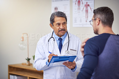 Buy stock photo Hospital, consulting and doctor with man and clipboard for medical aid, health insurance and diagnosis. Healthcare, clinic and person and patient for prescription, help and service for shoulder pain