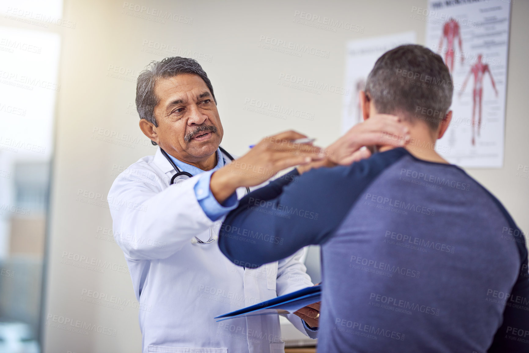 Buy stock photo Man, doctor and patient with neck injury for consultation, pain or checkup at hospital. Male person, medical professional and client with sore spine, spasm or ache for muscle tension at health clinic