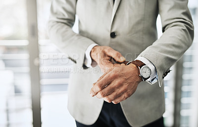 Buy stock photo Business man, watch and hands getting ready in office to start with corporate fashion for job. Suit, professional and clothes preparation for meeting with smart style and luxury time accessory