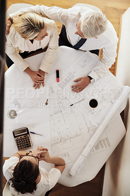 Buy stock photo Architect, business and meeting with blueprint, success and teamwork of house plan documents. Collaboration, group and client consultation with engineer and architecture project in office above