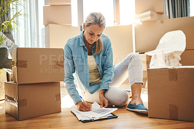 Buy stock photo Woman, paperwork and boxes in apartment on the floor for investment in real estate for house. Document, lease and person with agreement for new home in living room with rent for property and growth.