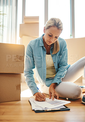 Buy stock photo Paperwork, boxes and woman on the floor in apartment for growth on investment in mortgage. New house, document and sign for lease agreement for home insurance in title and for savings and finance.
