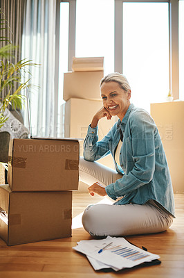 Buy stock photo Woman, boxes and portrait with document on the floor with a smile at a new home for investment. Property, box and paperwork with happiness for investing in real estate for finance and retirement.