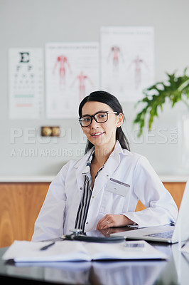 Buy stock photo Hospital, woman and portrait of doctor with documents for medical treatment, information and research. Office, happy and smile with laptop at desk for client diagnosis, records and healthcare service