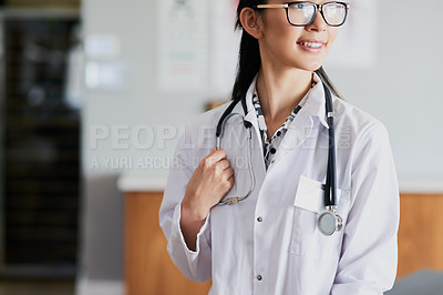 Buy stock photo Asian woman, doctor and thinking with smile at hospital, lobby and vision for healthcare services. Person, medic and happy with stethoscope, perspective or insight for wellness with career at clinic