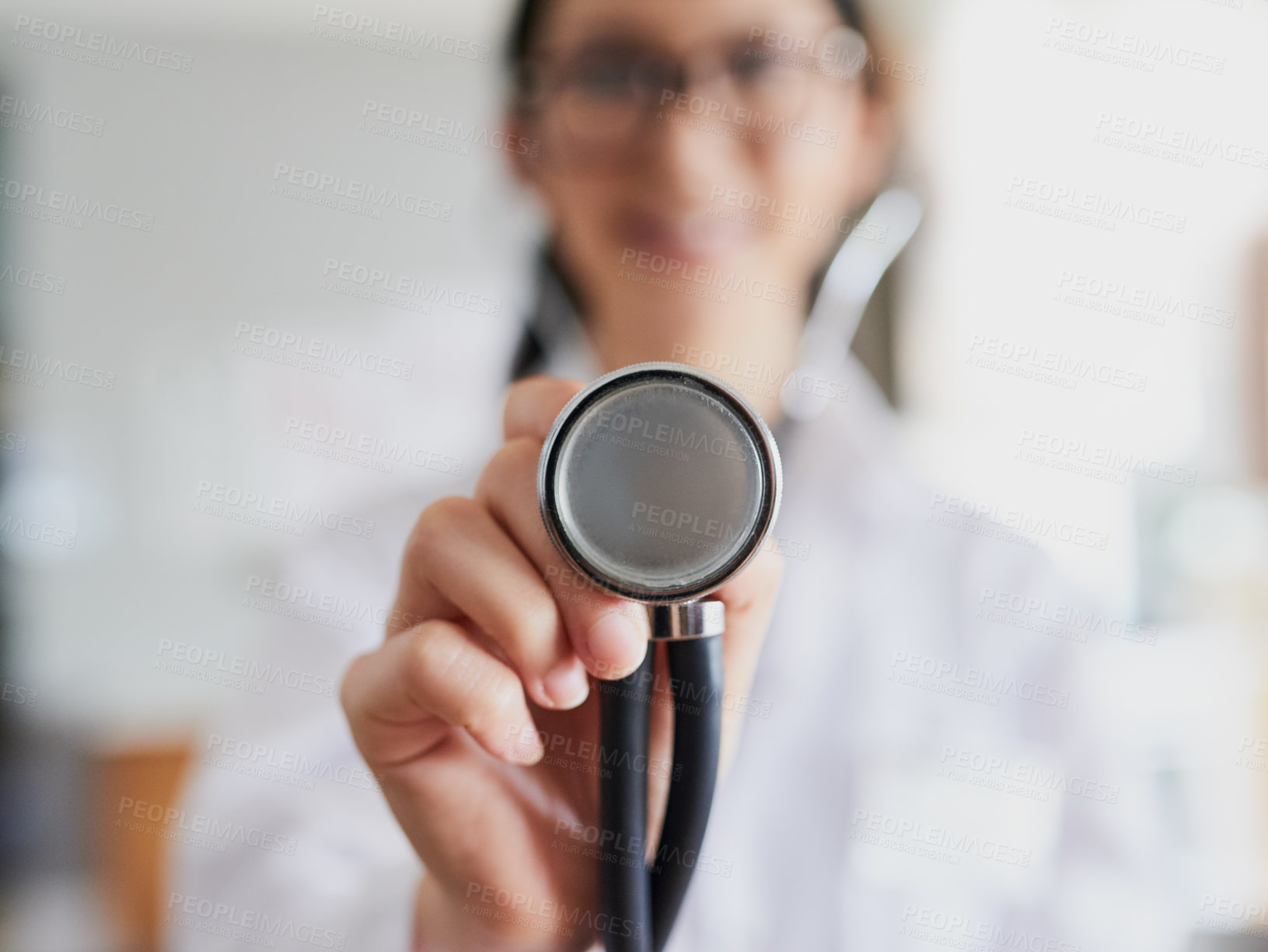 Buy stock photo Woman, closeup and doctor with stethoscope at hospital for healthcare, support and heartbeat check. Employee, hand and worker with equipment in office for medical service, lungs and respiratory test