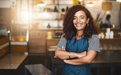Buy stock photo Coffee shop, crossed arms and portrait of woman in cafe for service, working and professional in bistro. Small business owner, restaurant startup and female waiter smile in cafeteria ready to serve