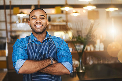 Buy stock photo Coffee shop, barista and portrait of happy black man in restaurant for service, working and crossed arms. Small business owner, bistro and professional male waiter smile in cafeteria ready to serve