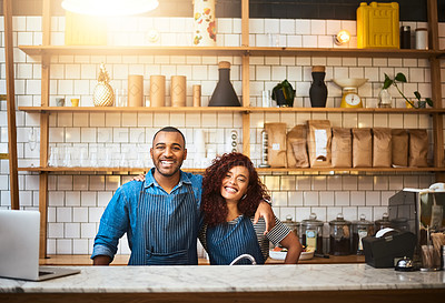 Buy stock photo Cafe, happy couple and portrait of barista at startup, store or restaurant with cashier. Small business owner, face and man with woman together in coffee shop for partnership, cooperation or teamwork