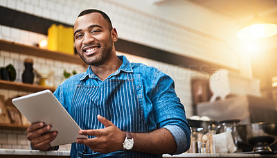 Buy stock photo Happy, tablet and portrait of man in cafe for online, digital and african startup. Network, technology and food industry with small business owner in restaurant for barista, waiter and coffee shop